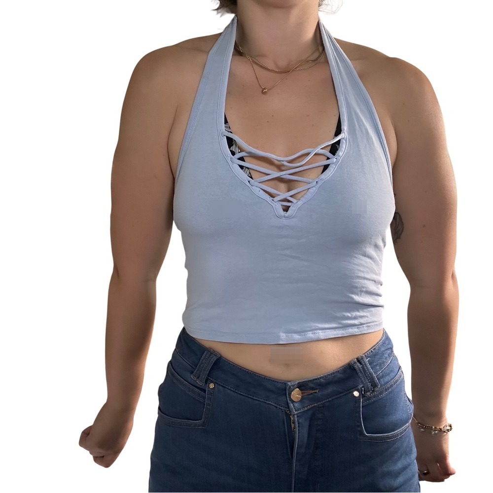 Express‎ One Eleven Halter Top Women Size M Blue Lace Up V-Neck Crop Open Back